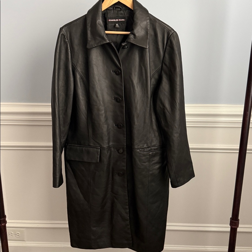 Charles Klein Black Leather Trench Coat Jacket Women's XL Collared Button Up 90s - Picture 7 of 7